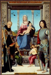 Die Jungfrau und das Kind, umgeben von St. Benedikt von Nursia und St. Quentin mit zwei Engeln