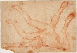 Ein männlicher Akt, der auf dem Rücken liegt, mit hochgezogenen Beinen, und eine Studie für ein Paar hochgezogene Beine von hinten gesehen von Francesco Montelatici