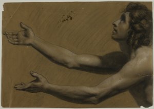 Junger Mann, der mit ausgestreckten Armen nach oben schaut (recto); Frau mit Spiegel (verso)