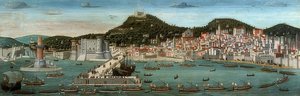 Tavola Strozzi. Ansicht von Neapel, die Flotte der Aragonier fahren am 12. Juli 1465 in den Hafen ein von Francesco Rosselli
