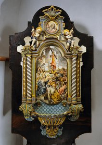 Großes Weihwasserbecken aus bemalter Majolika mit zentraler Szene aus dem Gemälde Anbetung der Könige von Francesco Solimena, Italien, 20. Jahrhundert