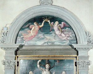 SS. Benedikt, Dominikus und Sebastian (Detail der Lünette) von Francesco Ubertini Il Bacchiacca