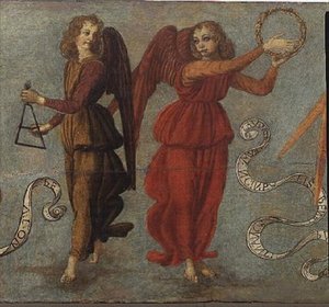 Engel spielen Tamburin und Triangel, ca. 1475-97 (Detail)