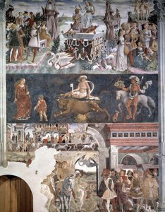April. Oben: Der Triumph der Venus mit den drei Grazien und küssenden Paaren. In der Mitte: Darstellung des Tierkreiszeichens Stier. Unten: Borso d