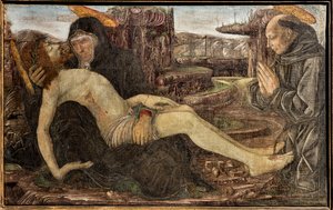 Beweinung mit Auftraggeber als St. Franziskus, von Francesco del Cossa von Francesco del Cossa