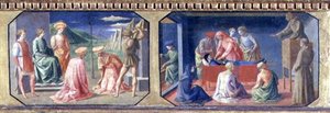 (LtoR) Das Martyrium der SS. Cosmas und Damian, St. Antonius von Padua findet das Herz des Geizhalses; zwei Tafeln der Predella der Madonna mit Kind auf dem Thron von Filippo Lippi (ca. 1406-69) von Francesco di Stefano Pesellino