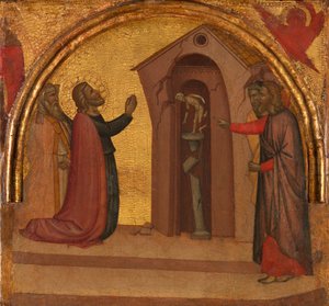 Der heilige Johannes der Evangelist lässt einen heidnischen Tempel einstürzen, ca. 1370