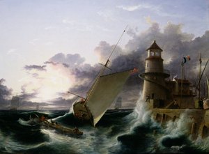 Boot bei einem Leuchtturm, ein Sturm zieht ab von Francis Danby