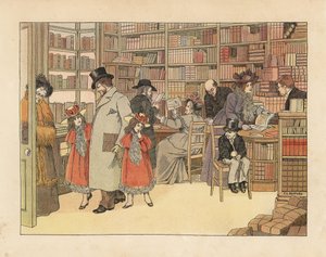 Viktorianische Kunden in einer Buchhandlung. Chromolithographie nach einer Illustration von Francis Dorkin Bedford aus Edward Verrall Lucas