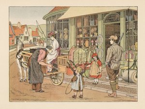 Viktorianische Familie bei Henry Hoop, dem Dorfeisenwarenhändler. Chromolithographie nach einer Illustration von Francis Donkin Bedford aus Edward Verrall Lucas