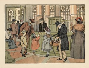 Viktorianische Familie bei einer Bank, die Geld von einem Schalter mit Bankbelegen abhebt. Chromolithographie nach einer Illustration von Francis Donkin Bedford aus Edward Verrall Lucas