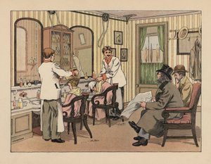 Viktorianische Herren lassen sich im Friseursalon die Haare shampoonieren und mit einer Haarbürstenmaschine behandeln. Chromolithographie nach einer Illustration von Francis Donkin Bedford aus Edward Verrall Lucas