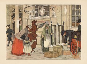 Viktorianische Menschen, die nahe Weihnachten Briefe bei der Post aufgeben. Chromolithographie nach einer Illustration von Francis Donkin Bedford aus Edward Verrall Lucas