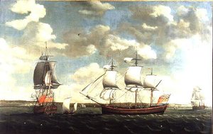 Porträt eines Ostindienfahrers in drei Positionen vor Portsmouth von Francis Holman