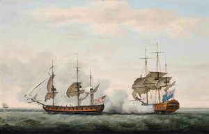 Das Schiff der East India Company, Bridgewater, verteidigt erfolgreich ihre Ladung gegen einen Angriff des amerikanischen Freibeuters Hampden auf dem Weg von St. Helena nach England am 8. März 1779 von Francis Holman