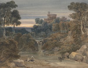 Landschaft mit Schloss, Wasserfall und Bach im Vordergrund von Francis Oliver Finch