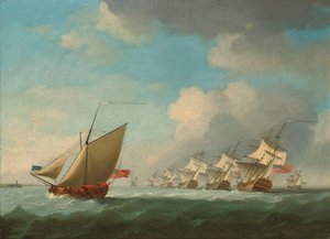 Eine Staffel der Roten kämpft sich den Kanal hinauf mit einer Admiralitätsyacht in Küstennähe von Francis Swaine