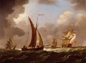 Britische Kriegsschiffe und Fischerboote bei starkem Wind von Francis Swaine