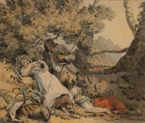 Ein Schäfer und zwei Schäferinnen ruhen im Schatten von Francis Wheatley