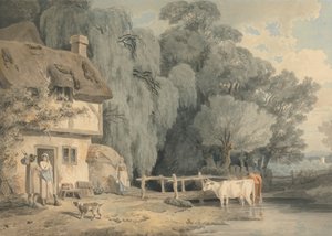 Ländliche Szene: Figuren an einer Haustür und Vieh in einem Bach von Francis Wheatley