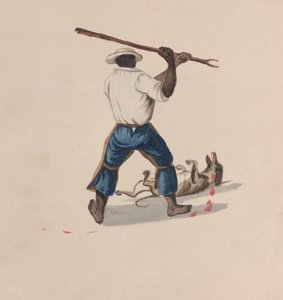 Ein Mann von hinten gesehen, der einen Hund mit einem Stock schlägt, ca. 1848 von Francisco