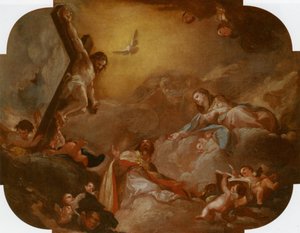 Der heilige Augustinus und die Jungfrau, die den gekreuzigten Christus anbeten