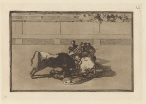 Ein Picador wird abgeworfen und fällt unter den Stier, Platte 26 aus La tauromaquia von Francisco de Goya