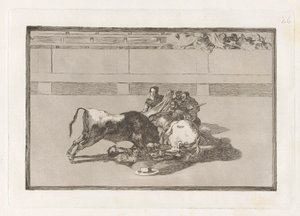 Caida de un picador de su caballo debajo del toro (Ein Picador wird abgeworfen und fällt unter den Stier), Platte 26 aus La tauromaquia