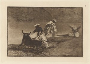 Capeau otro encerrado (Sie spielen einen anderen mit dem Umhang im Gehege), Platte 4 aus La tauromaquia