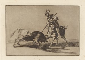 El Cid Campeador speert einen weiteren Stier, Platte 11 aus La tauromaquia