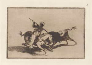 El animoso Moro Gazul es el primero que lanceó toros en regla. (Der temperamentvolle Maure Gazul ist der Erste, der Stiere nach den Regeln spießt), Platte 5 aus La tauromaquia