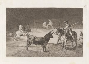 Der berühmte Picador Fernando del Toro zieht das wilde Tier mit seiner Pike an, Platte 27 aus La tauromaquia von Francisco de Goya