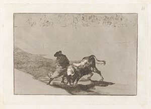 Der sehr geschickte Student von Falces, in seinen Umhang gehüllt, trickst den Stier mit seinen Bewegungen aus, Platte 14 aus La tauromaquia von Francisco de Goya