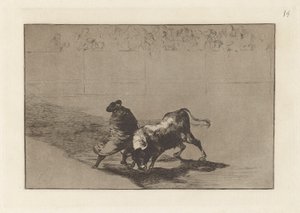 Der sehr geschickte Student von Falces, in seinen Umhang gehüllt, trickst den Stier mit seinen Bewegungen aus, Platte 14 aus La tauromaquia von Francisco de Goya