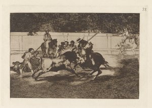 El esforzado Rendon picando un toro, de cuya suerte murió en la plaza de Madrid (Der kraftvolle Rendon sticht einen Stier mit der Pique, an dessen Folge er in der Arena von Madrid starb), Platte 28 aus La tauromaquia von Francisco de Goya
