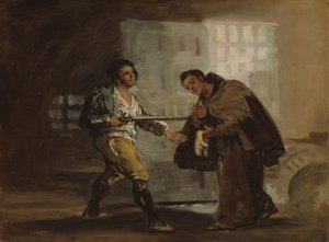 Bruder Pedro bietet El Maragato Schuhe an und bereitet sich darauf vor, seine Waffe beiseite zu schieben, um 1806 von Francisco de Goya