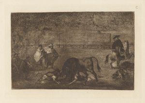 Les chiens laches sur le taureau (Die Hunde auf den Stier losgelassen), Platte C aus La tauromaquia (dritte Ausgabe) von Francisco de Goya
