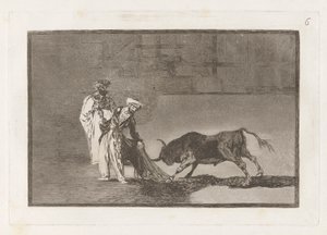 Die Mauren machen ein anderes Spiel im Ring und rufen den Stier mit ihrem Burnous (La tauromaquia)