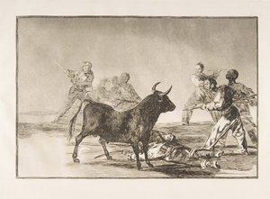 Tafel 12 aus der Tauromaquia: Die Menge lähmt den Stier mit Lanzen, Sicheln, Bande..., 1816 von Francisco de Goya