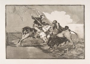 Tafel 1 aus der Tauromaquia: Die Art und Weise, wie die alten Spanier Stiere zu Pferd jagten, 1816 von Francisco de Goya