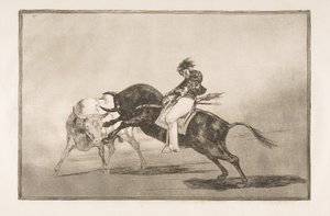 Platte 24 der Tauromaquia: Der gleiche Ceballos, auf einem anderen Stier reitend, bricht kurze Speere von Francisco de Goya