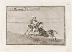 Ein spanischer Ritter in der Arena, der kurze Speere ohne Hilfe der Assistenten bricht, Platte 13 aus La tauromaquia