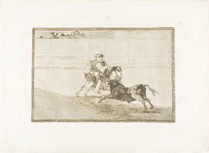 Ein spanischer berittener Ritter im Ring, der kurze Speere ohne Hilfe von Assistenten bricht, Platte 13 aus Die Kunst des Stierkampfs