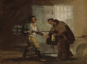 Bruder Pedro bietet El Maragato Schuhe an und bereitet sich darauf vor, seine Waffe beiseite zu schieben von Francisco Jose de Goya y Lucientes