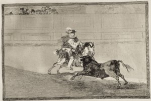 GOYA Y LUCIENTES, Francisco de (1746-1828). Ein spanischer Ritter im Ring, der ohne Hilfe von Assistenten kurze Speere bricht. 1816. Radierung. SPANIEN. MADRID (AUTONOME GEMEINSCHAFT). Madrid. Nationalbibliothek