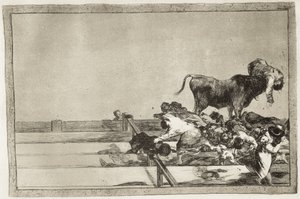 Schreckliche Ereignisse in den vorderen Reihen des Rings in Madrid und der Tod des Bürgermeisters von Torrejon im Jahr 1801. 1816. Platte 21 aus „Die Kunst des Stierkampfs“. Radierung. von Francisco Jose de Goya y Lucientes
