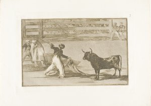 Ursprung der Harpunen oder Banderillas, Tafel sieben aus Die Kunst des Stierkampfs von Francisco Jose de Goya y Lucientes