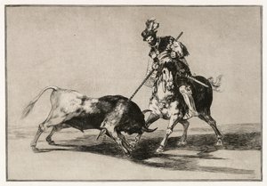 Der Cid Campeador greift einen Stier mit seiner Lanze an