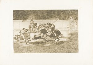 Der kraftvolle Rendón sticht einen Stier mit der Pique, aus der er im Ring in Madrid starb, Platte 28 aus Die Kunst des Stierkampfs