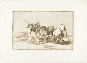 Die Mauren hatten sich in Spanien niedergelassen, gaben die Aberglauben des Korans auf, übernahmen diese Jagdkunst und spießen einen Stier im Freien auf, Platte drei aus Die Kunst des Stierkampfs